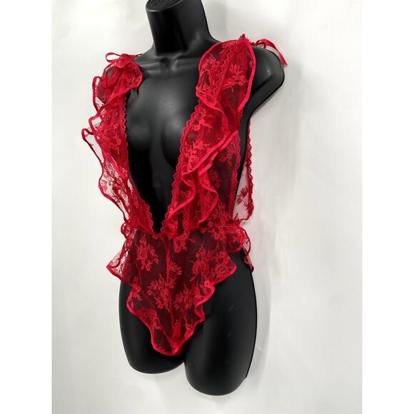Vintage Red Lace Plunge V Neck Bodysuit - Picture 3 of 7